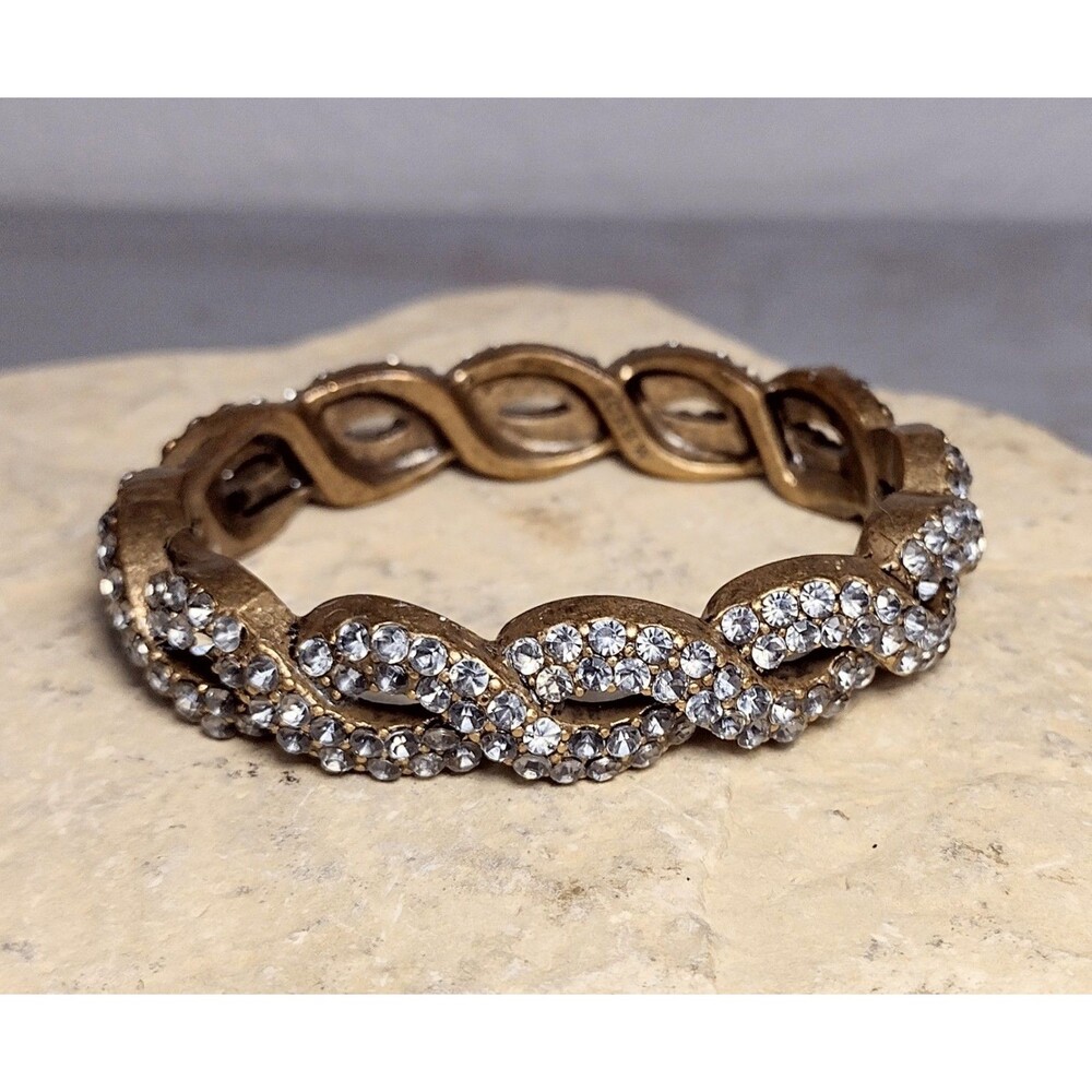 J.CREW Bracelet TWISTED RHINESTONE PAVE Hinge Cuff Braided Antique Gold